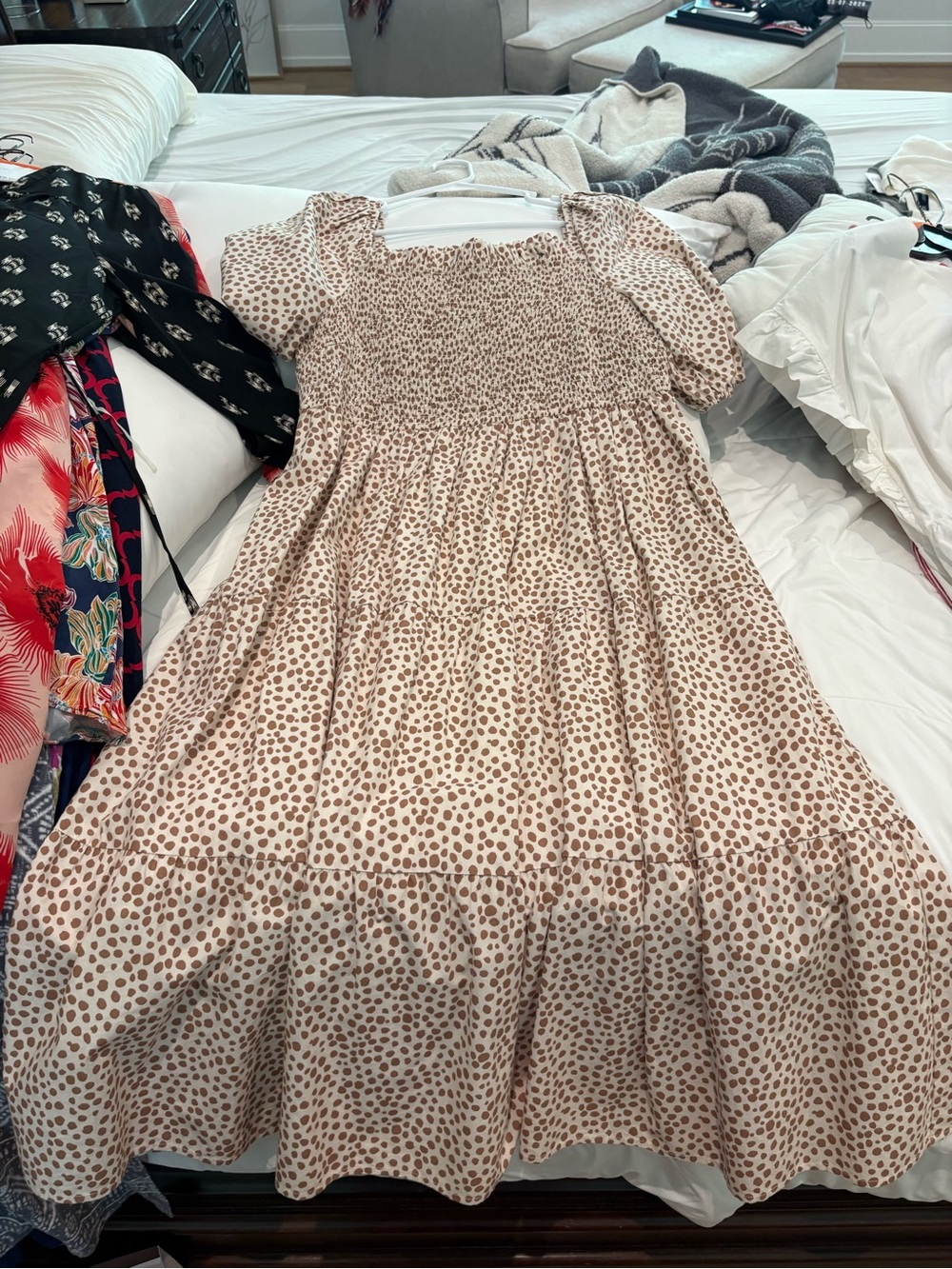 JACKSON Beige and Brown Leopard-Print Smocked Top